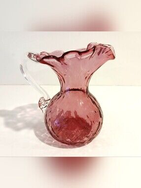 Vintage Cranberry Ruffled Blown Glass Pitcher - Textured Cranberry Pink